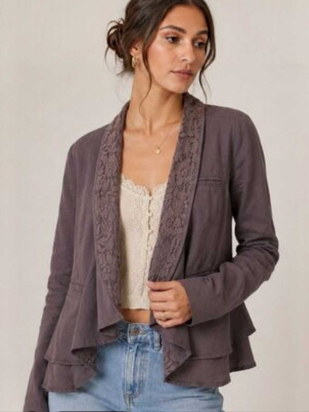 Free People Lace Trim Peplum Jacket Women's 6 Faded Gray Bohemian Lagenlook
